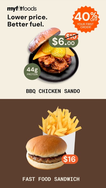 A split-screen comparison showing a premium-looking healthy sandwich priced lower than a standard fast-food meal.